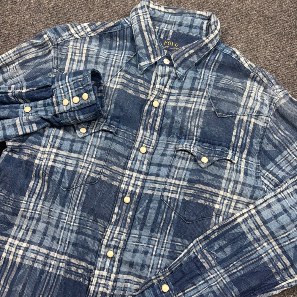 Polo Ralph Lauren Western Shirt Mens Small Blue Plaid Pearl Snap Long Sleeve